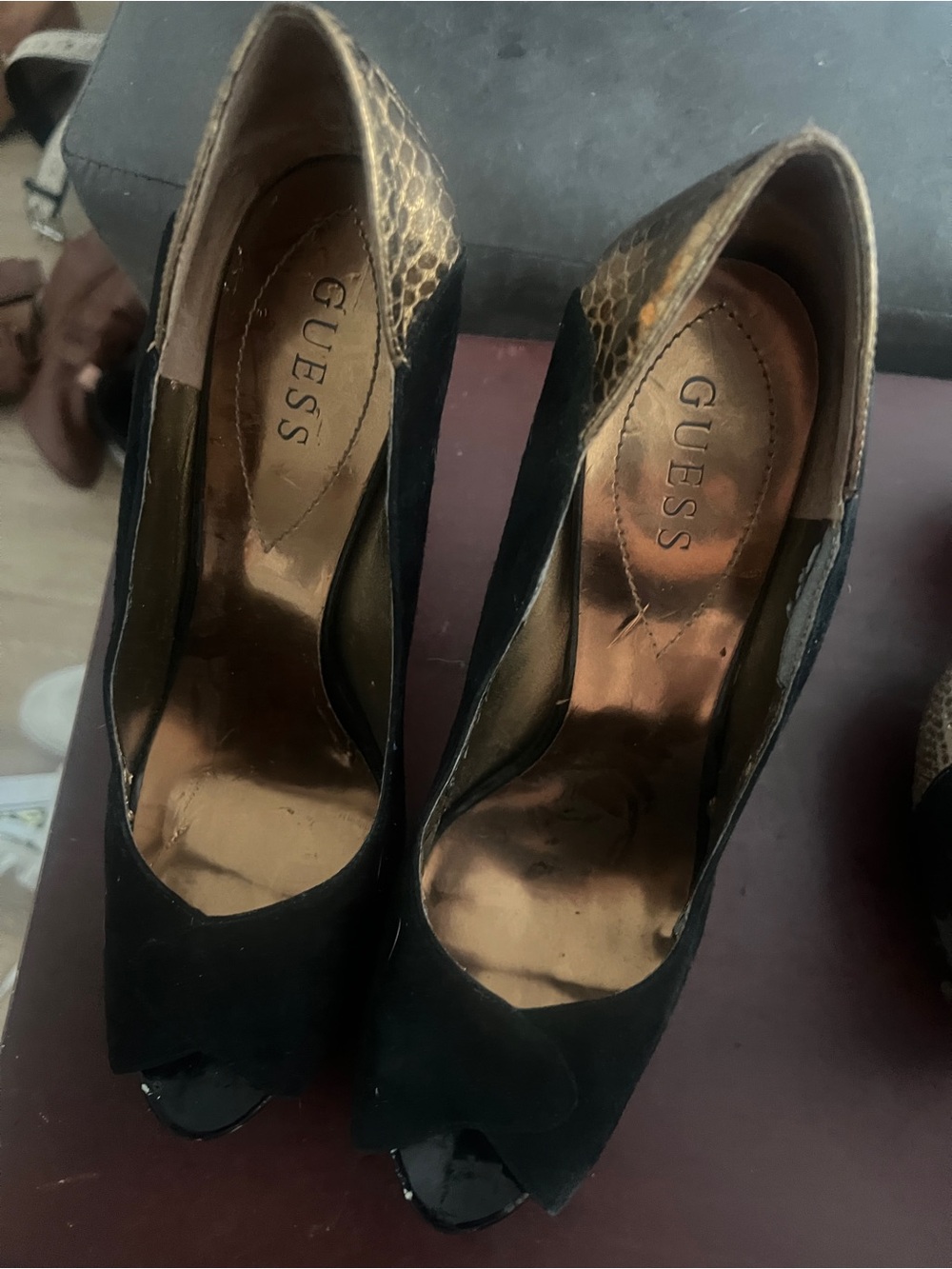GUESS Black Peep-Toe Heels with Gold Snake-Print Accent